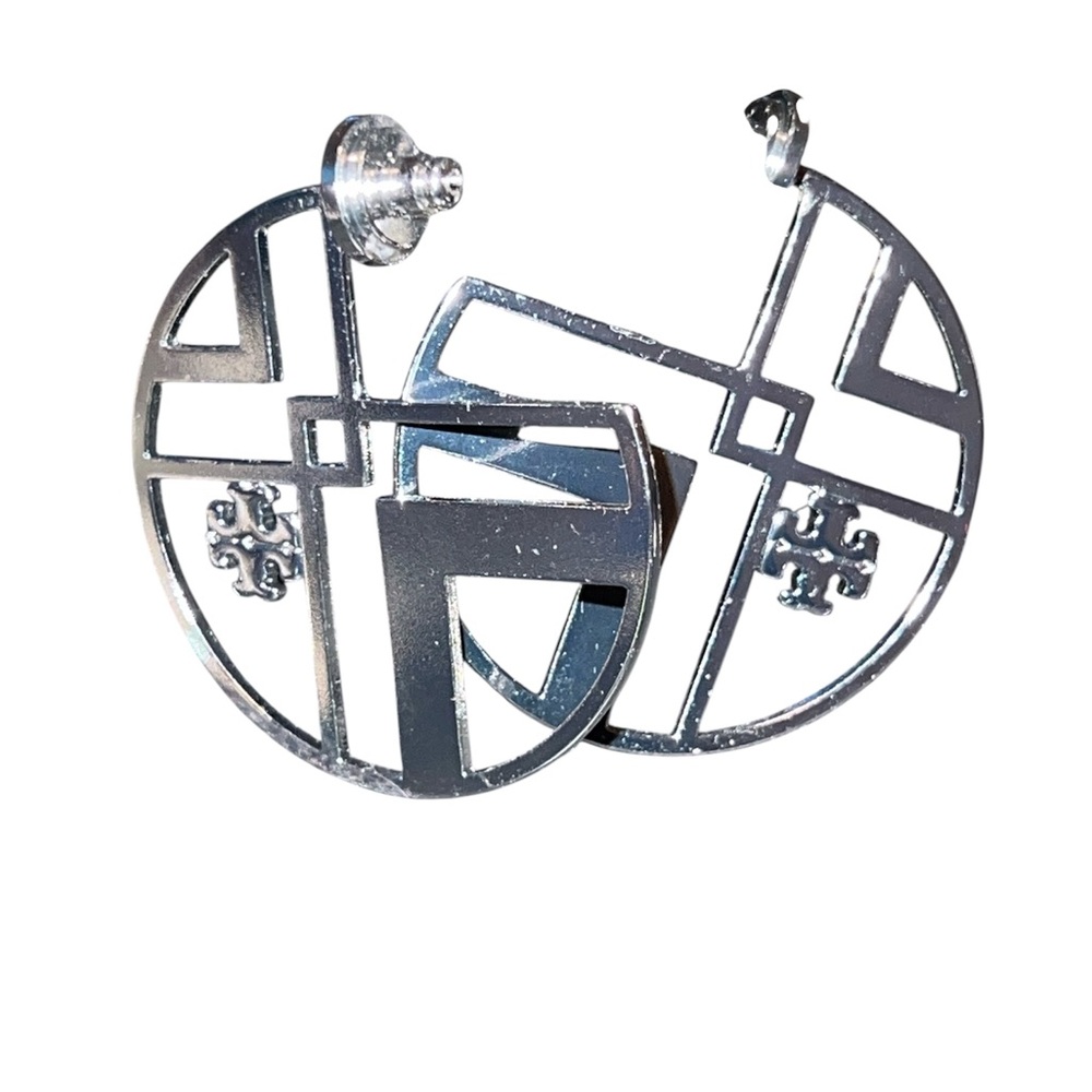 Tory Burch Chevron Hoop Silver Tone Geometric Earrings